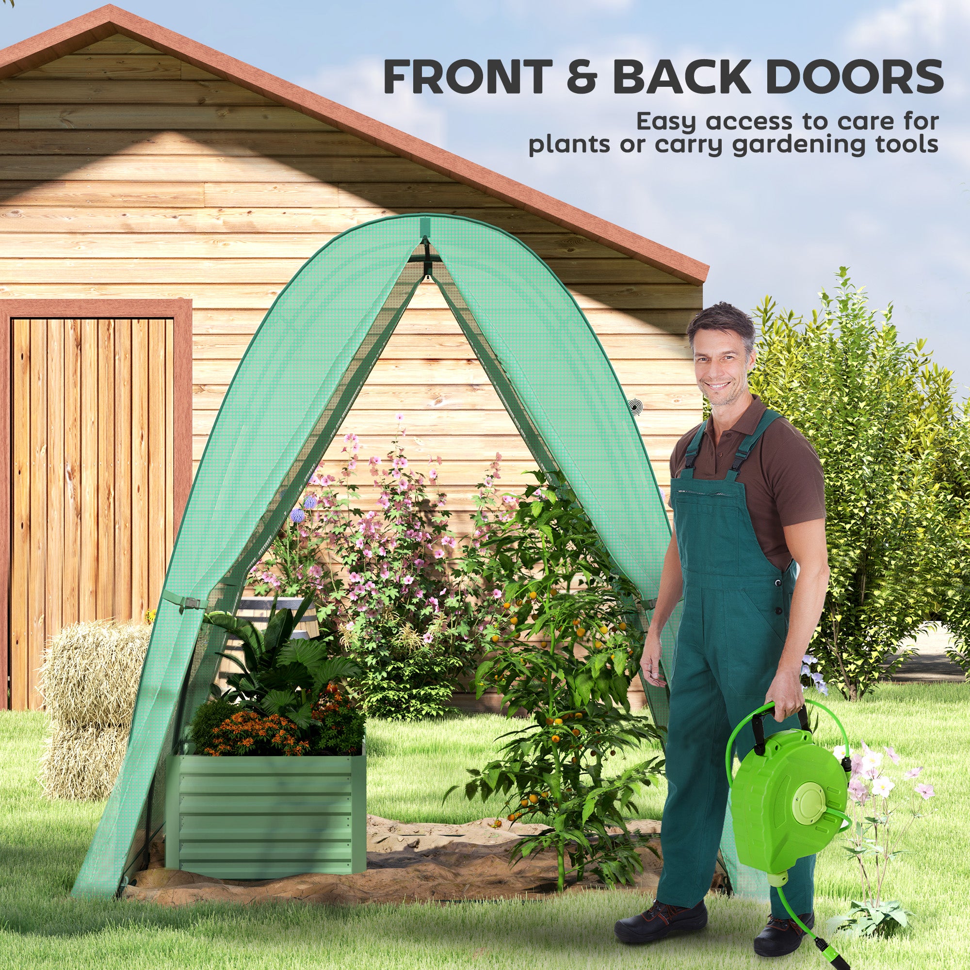 Outsunny Polytunnel Greenhouse with Sandbags, Walk-In Tunnel Green House with 2 Doors and Screen Windows, 1.8 x 1.8 x 2m, Green 