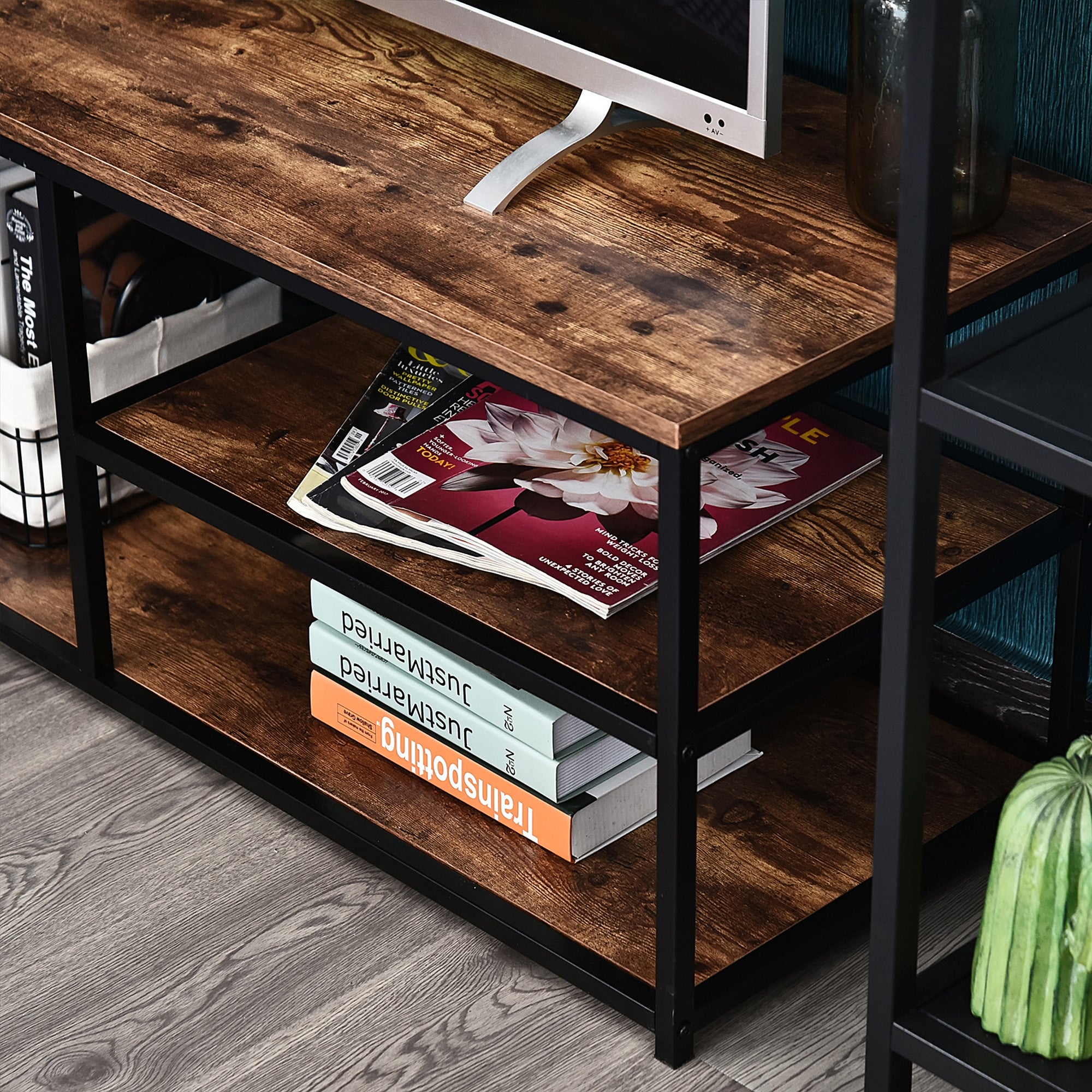 HOMCOM TV Unit for 55 inch TVs, Industrial TV Table with 2 Storage Shelves and Metal Frame, Entertainment Unit For living Room, Rustic Brown 