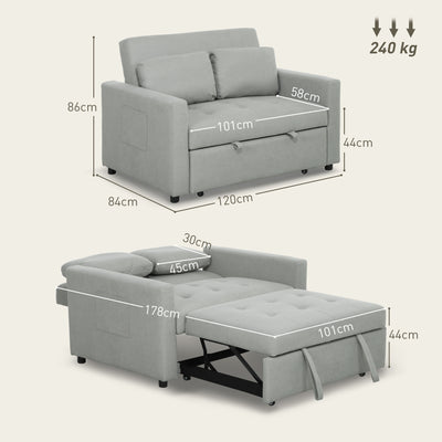 HOMCOM Velvet-Feel Two-Seater Sofa Bed - Light Grey 