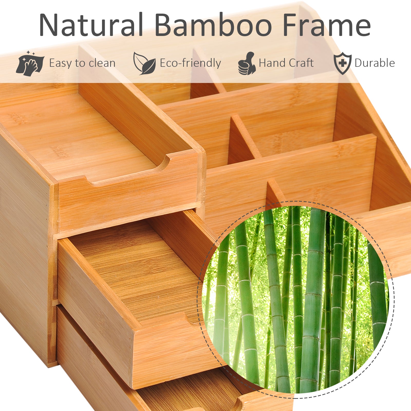 HOMCOM Desk Organiser Holder, Bamboo Multi-Function Storage Caddy with 7 Storage Compartments and 2 Drawers for Home Office Stationary Supplies, Natural Bamboo 
