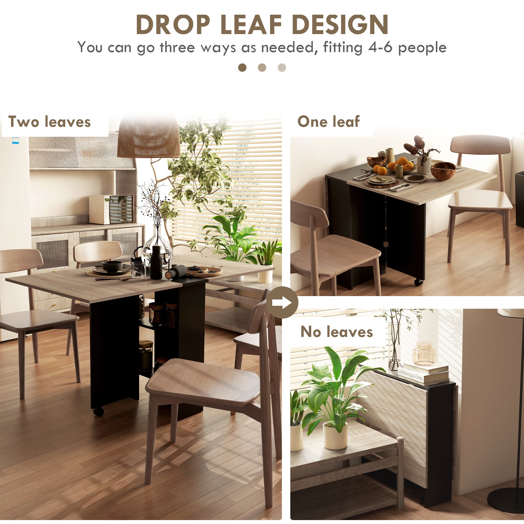 HOMCOM Folding Dining Table, Drop Leaf Table with 2-Tier Shelves, Rolling Casters, for Small Spaces, Kitchen, Oak and Black