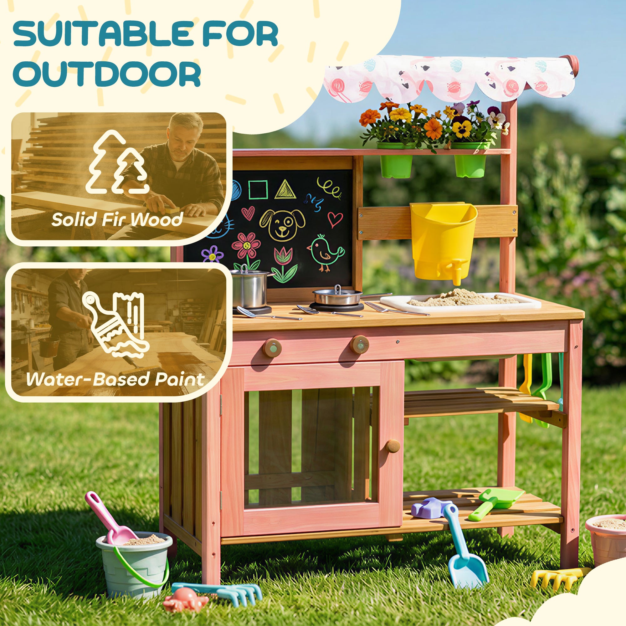AIYAPLAY Kids Mud Kitchen with Canopy, Outdoor Wooden Play Kitchen with Planter Box, Accessories for Age 3-6, Pink 