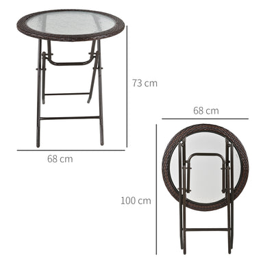 Outsunny Folding Rattan Garden Dining Table, 68 cm Round Rattan Garden Table with Water Ripple Tempered Glass Top, Wicker Edging  and Steel Frame for Outdoor, Patio, Brown 