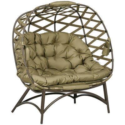 Outsunny 2 Seater Egg Chair Outdoor, Folding Weave Garden Furniture Chair with Cushion, Cup Pockets - Khaki 