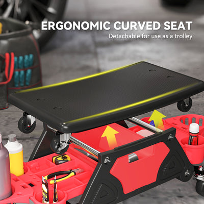 HOMCOM Rolling Mechanic Stool, 135kg Capacity Workshop Stool with 360° Swivel Wheels, Roller Creeper Seat with Slide Out Tool Trays, Drawer, Bottle Holders for Garage, Shop, Auto Repair, Red 