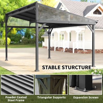Outsunny 4.3 x 3 m Garden Pergola with Galvanised Steel Roof, Lean to Pergola Gazebo with Netting Curtains, Dark Grey 
