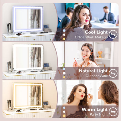 HOMCOM Vanity Mirror with Lights, Large Lighted Makeup Mirror with 3 Colour Lighting Modes, 10X Magnifying, USB Charging Port, Touch Screen, Tabletop or Wall Mounted Design for Bedroom, White 