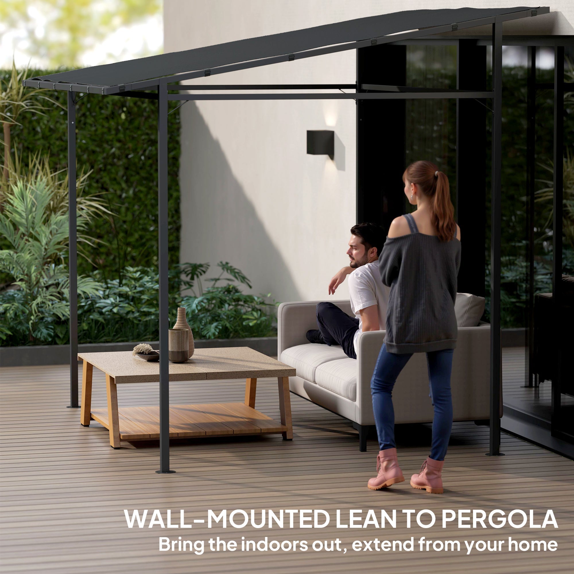 Outsunny 2.4 x 2.4 m Wall Mounted Pergola Gazebo with PA Coating Fabric and Metal Frame, UPF30+, Lean to Garden Gazebo, Wind Resistant Outdoor Sun Shade Shelter for Garden, Deck, Dark Grey 