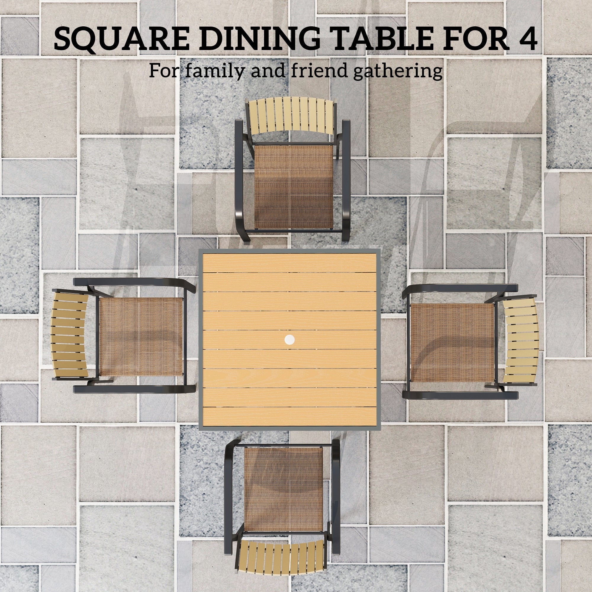 Outsunny Garden Table, 90cm Square Outdoor Patio Dining Table with 4.2 cm Umbrella Hole, Metal Frame, Wood Effect Top, for Terrace, Balcony, Natural Wood Finish 