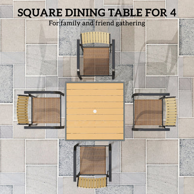 Outsunny Garden Table, 90cm Square Outdoor Patio Dining Table with 4.2 cm Umbrella Hole, Metal Frame, Wood Effect Top, for Terrace, Balcony, Natural Wood Finish 