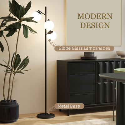 HOMCOM 3-Light Tree Floor Lamps for Living Room, Modern Standing Lamp for Bedroom with Globe Lampshade, Steel Base, Bulb not Included, Black 