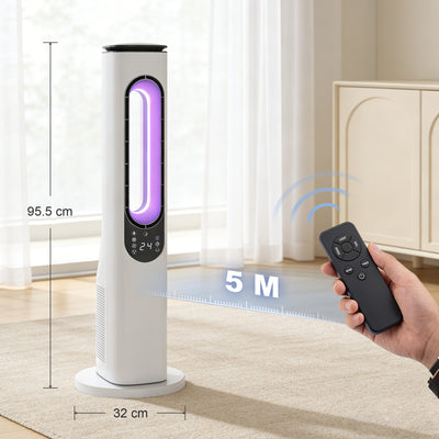 HOMCOM Bladeless Tower Fan for Bedroom, 35dB Standing Cooling Fan with Oscillating, LED Lights, 3 Speeds, 15H Timer, White 