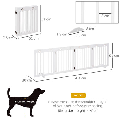 PawHut Freestanding Pet Gate 4 Panel Wooden Dog Barrier Folding Safety Fence with Support Feet up to 204cm Long 61cm Tall for Doorway Stairs White 