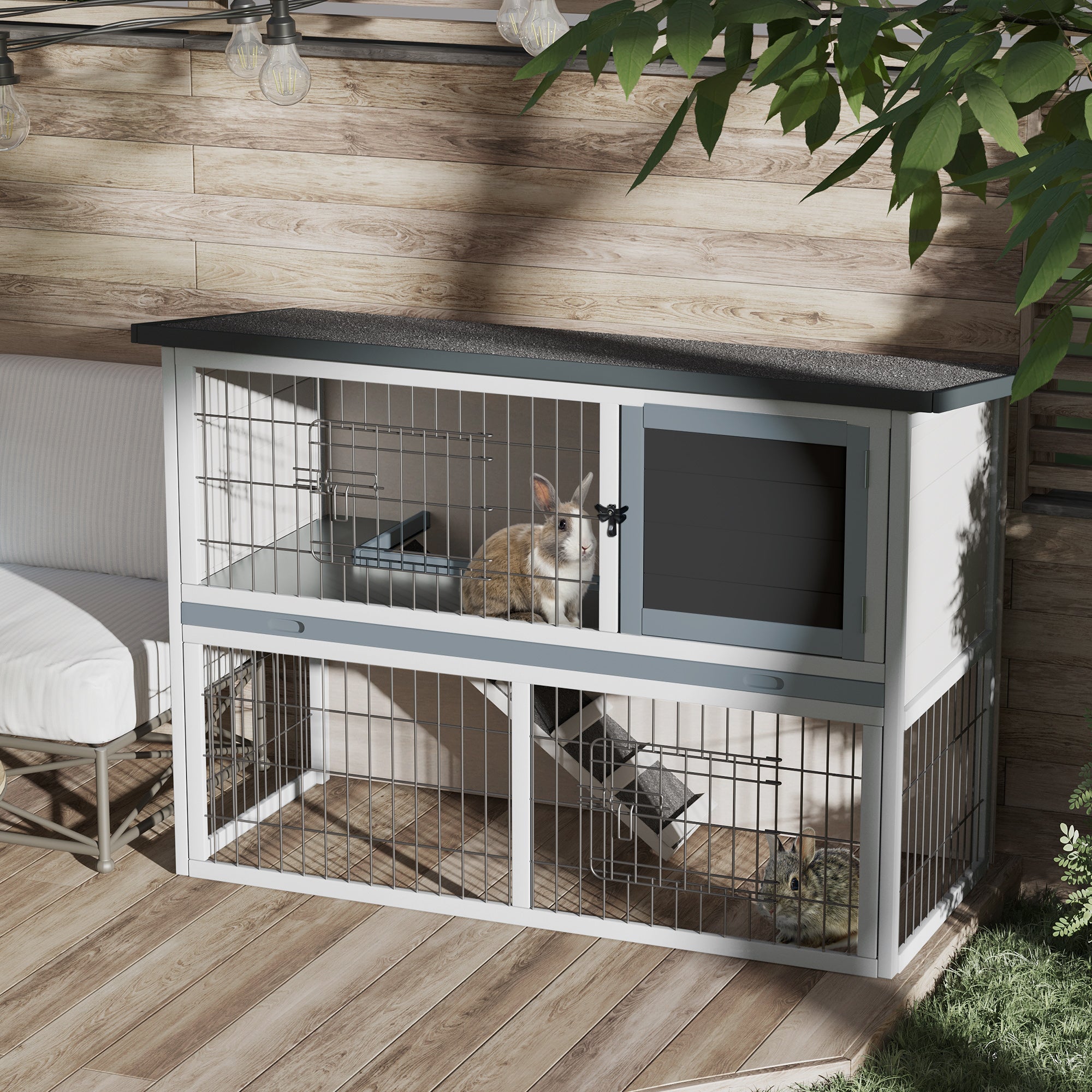 PawHut 2-Tier Wooden Rabbit Hutch Guinea Pig House Bunny Cage Backyard w/ Openable Roof Small Animal House for Outdoor Grey, 108 x 45 x 78 cm 