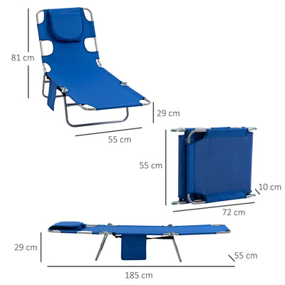 Outsunny 2 Pieces Foldable Sun Lounger with Reading Hole, Portable Sun Lounger with 5 Level Adjustable Backrest, Reclining Lounge Chair with Side Pocket, Headrest Pillow, Blue 