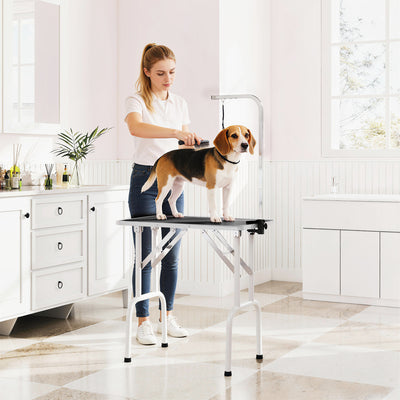PawHut 32" Foldable Dog Grooming Table Pet Drying Beauty Table Adjustable Fixed Arm Rubber Top, Black 