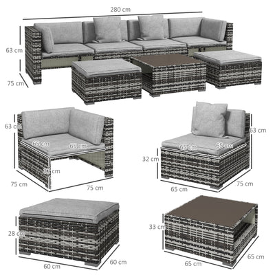 Outsunny Seven-Piece Rattan Patio Furniture Set, with Cushions - Grey 