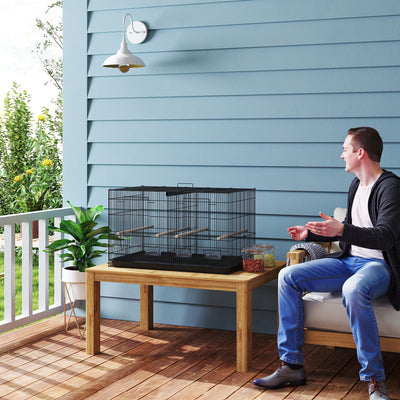 PawHut Bird Cage with Divider, 4 Wooden Perches, Slide Out Tray, 4 Feeders, for Budgie, Lovebird, Canary, 76 x 46 x 46cm, Black 