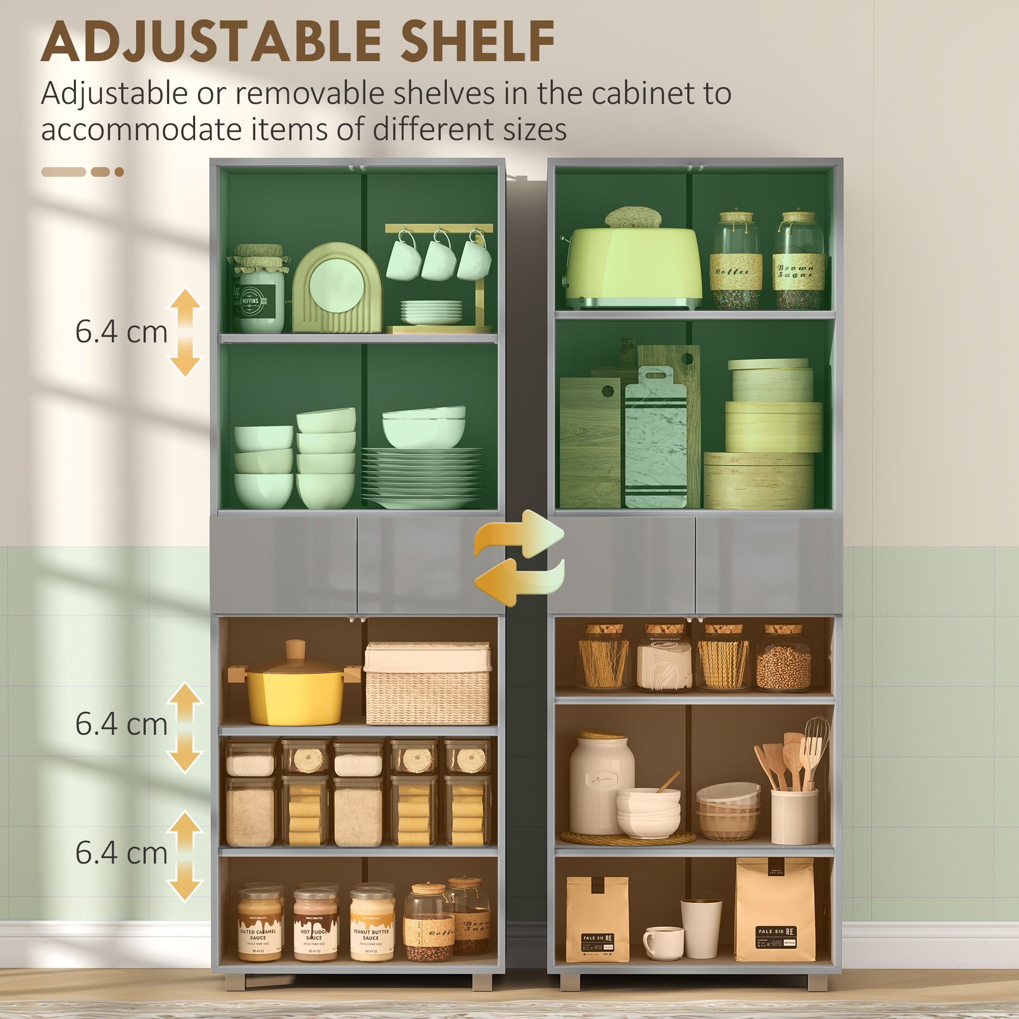 HOMCOM Storage Cabinet, Kitchen Cupboard with 3 Adjustable Shelves, 60L x 35W x 170H cm, High Gloss Grey 