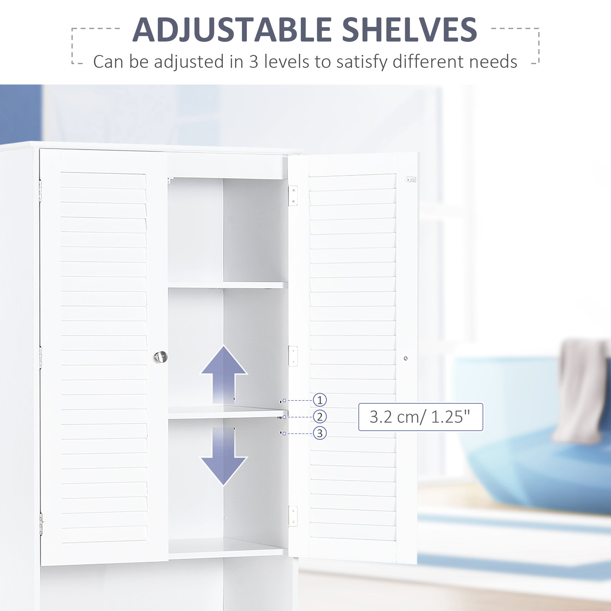 HOMCOM Tall Freestanding Bathroom Cabinet Retro Shutters w/ 3 Compartments Shelves Elevated Base Narrow Organiser White 60L x 30W x 182.5H cm 