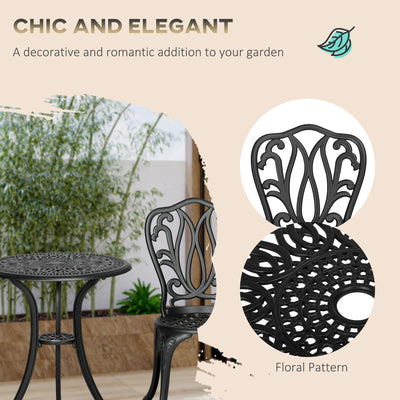 Outsunny 3 Piece Garden Bistro Set, Cast Aluminium Outdoor Furniture Set with Umbrella Hole for Balcony, Porch, Patio, Black 