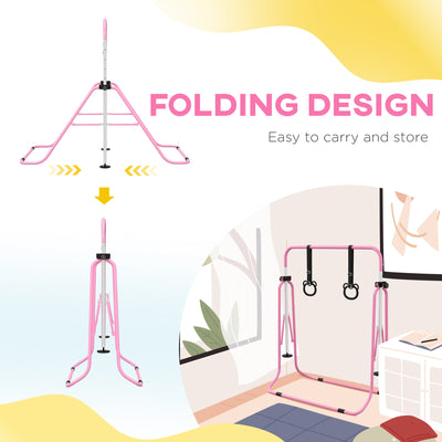 HOMCOM Adjustable Height, Foldable Kids Gymnastics Bar w/ Non-slip Rubber Floor Rings, for 3+ Years, Pink 