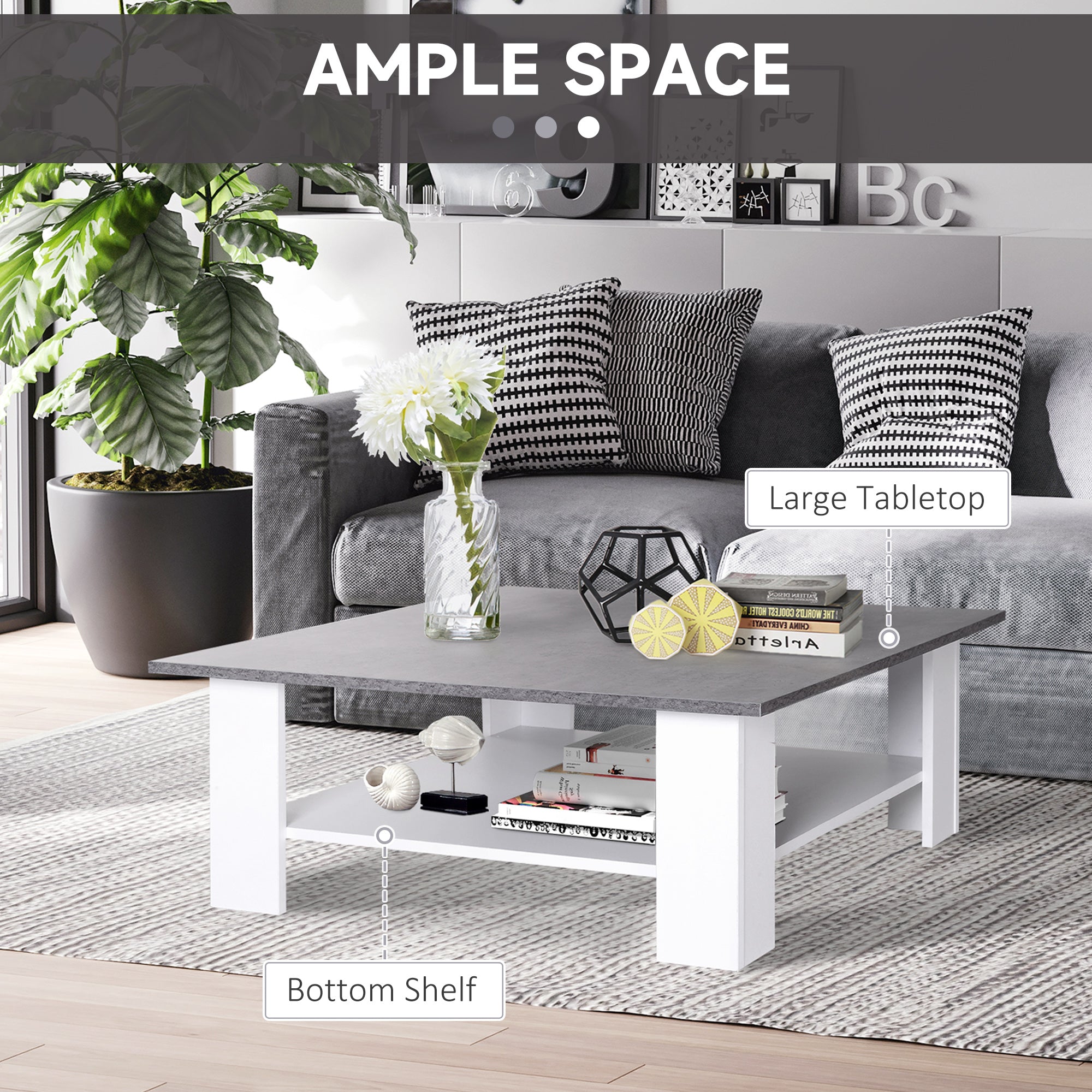 HOMCOM Square Coffee Table, Wooden Coffee Table with Storage, Cocktail Center Tea Table for Home Office, 80W x 80D x 31.5Hcm, Grey and White 