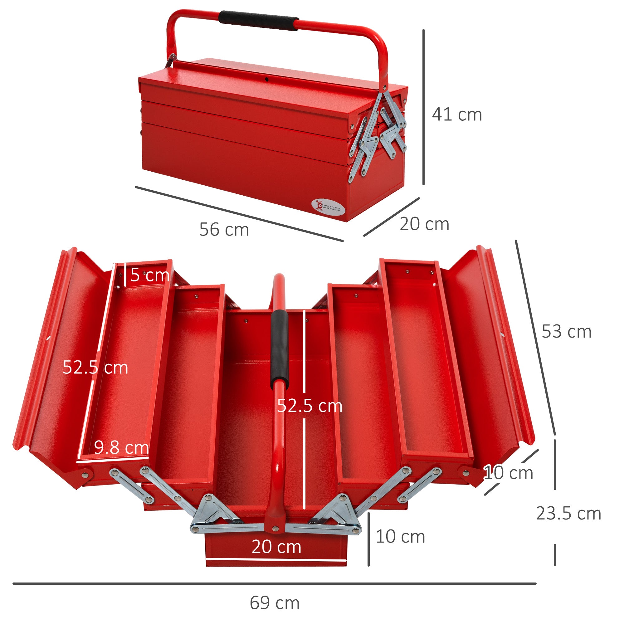 DURHAND Metal Tool Box 3 Tier 5 Tray Professional Portable Storage Cabinet Workshop Cantilever Toolbox with Carry Handle, 56cmx20cmx34cm, Red 