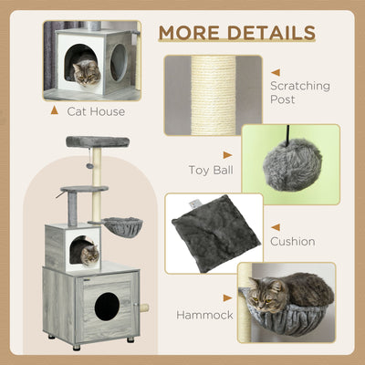 PawHut Enclosed Cat Litter Box with Cat House, Cat Bed, Scratching Posts, Platforms, for Indoor Cats - Grey 