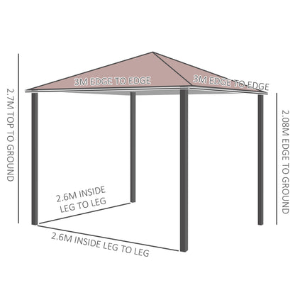 Outsunny 3 x 3(m) Garden Gazebo, Outdoor Gazebo Canopy Shelter with Curtains and Steel Frame for Lawn, Yard and Deck, Coffee 