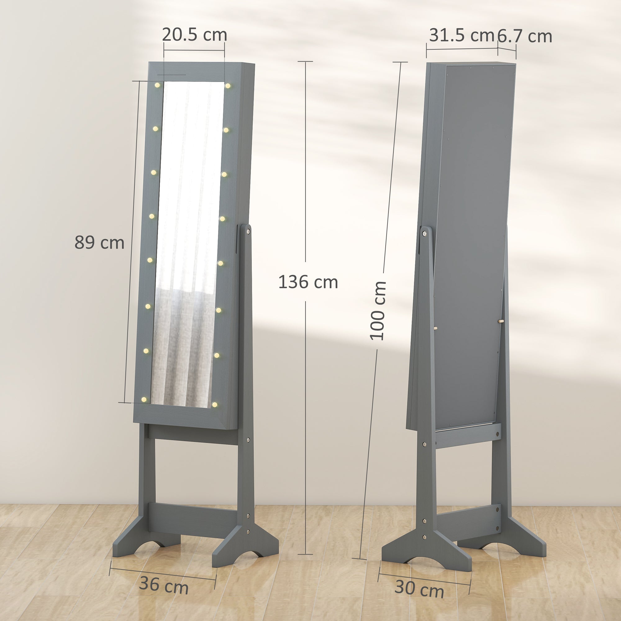 HOMCOM Free Standing Mirror Jewelry Cabinet with LED Lights, Jewellery Organiser with 3 Angle Adjustable, Full-Length Mirror with Storage for Earrings, Necklaces, Rings and Lipsticks, Grey