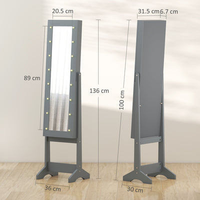 HOMCOM Free Standing Mirror Jewelry Cabinet with LED Lights, Jewellery Organiser with 3 Angle Adjustable, Full-Length Mirror with Storage for Earrings, Necklaces, Rings and Lipsticks, Grey 