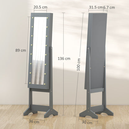 HOMCOM Free Standing Mirror Jewelry Cabinet with LED Lights, Jewellery Organiser with 3 Angle Adjustable, Full-Length Mirror with Storage for Earrings, Necklaces, Rings and Lipsticks, Grey