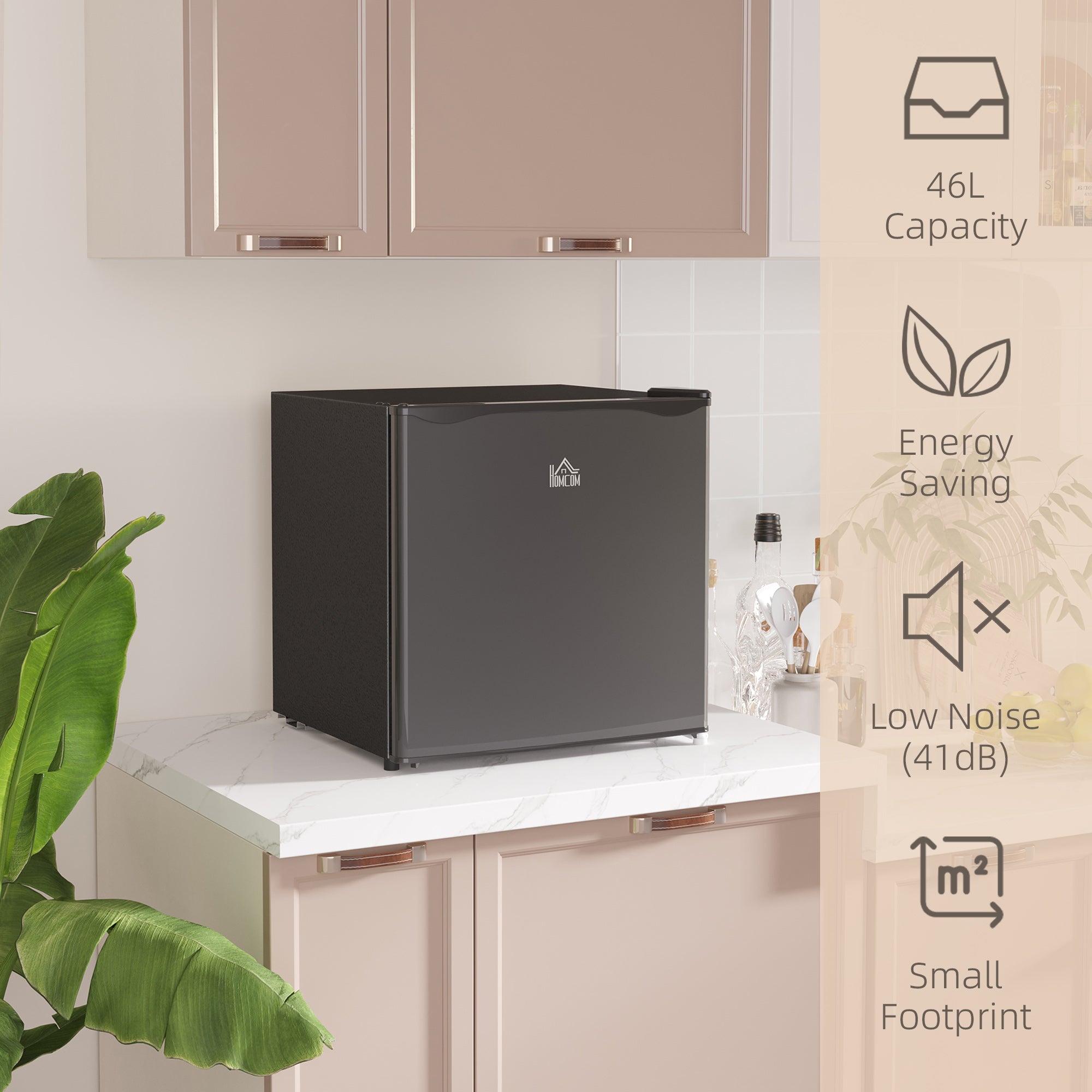 HOMCOM 46 Litre Table Top Mini Fridge, Small Fridge with Ice Box, Reversible Door, Adjustable Temperature and Legs for Bedrooms, Home Office, Black