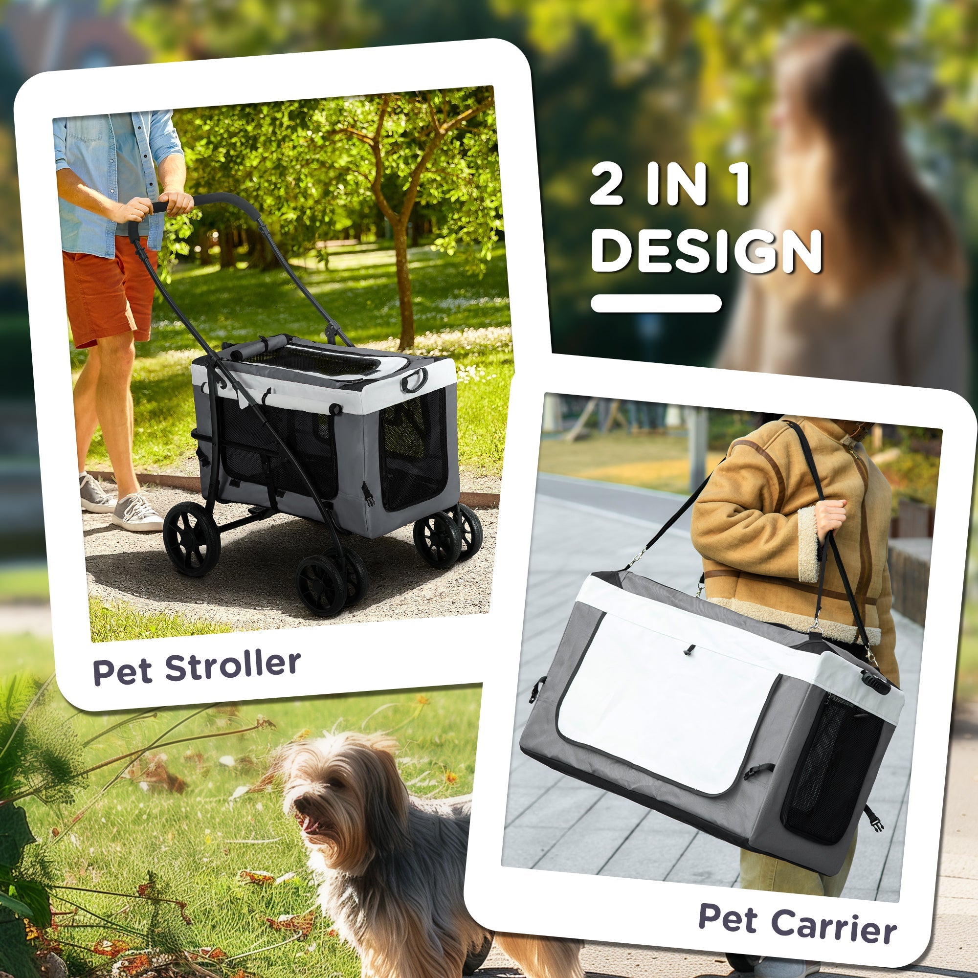 PawHut Foldable Dog Stroller, Pet Travel Crate, with Detachable Carrier, Soft Padding, for Mini, Small Dogs - Grey 