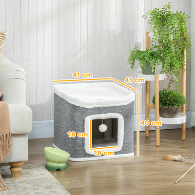 PawHut Cat House for Indoor Kittens, 2-Level Cat Cave Bed with Fluffy Balls, Top Bed, Kitten Barrel for Multi Kitties, Grey 