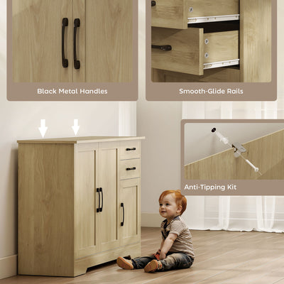 HOMCOM Sideboard with 2 Drawers Modern Storage Cabinet, Kitchen Cupboard with Adjustable Shelf and 3 Doors Natural 