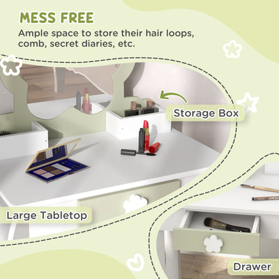 ZONEKIZ Kids Vanity Table with Mirror and Stool, Drawer, Storage Boxes, Flower Design, for Ages 3-6 Years - White 