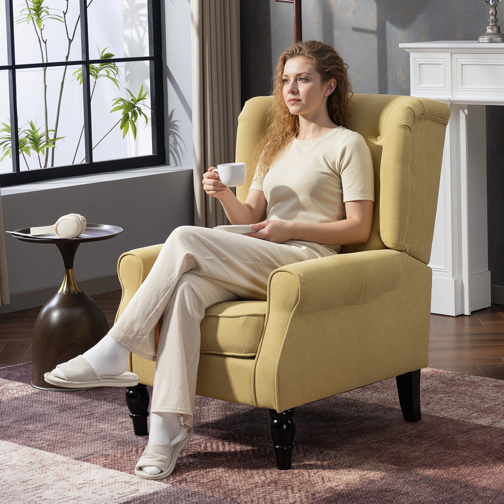 HOMCOM Wingback Accent Chair, Retro Upholstered Button Tufted Occasional Chair for Living Room and Bedroom, Yellow 