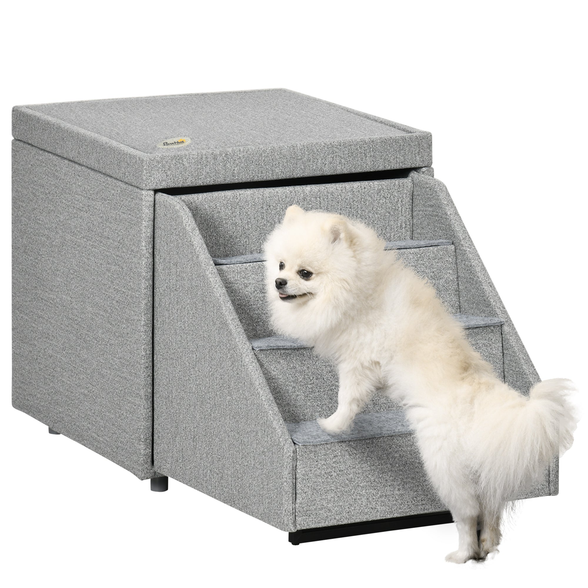 PawHut 2 in 1 Dog Steps Ottoman, Four-Tier Pet Stairs, for Small, Medium Dogs and Cats, with Storage Compartment - Grey 