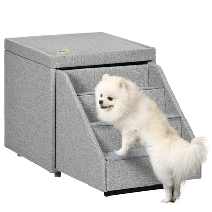 PawHut 2 in 1 Dog Steps Ottoman, Four-Tier Pet Stairs, for Small, Medium Dogs and Cats, with Storage Compartment - Grey 