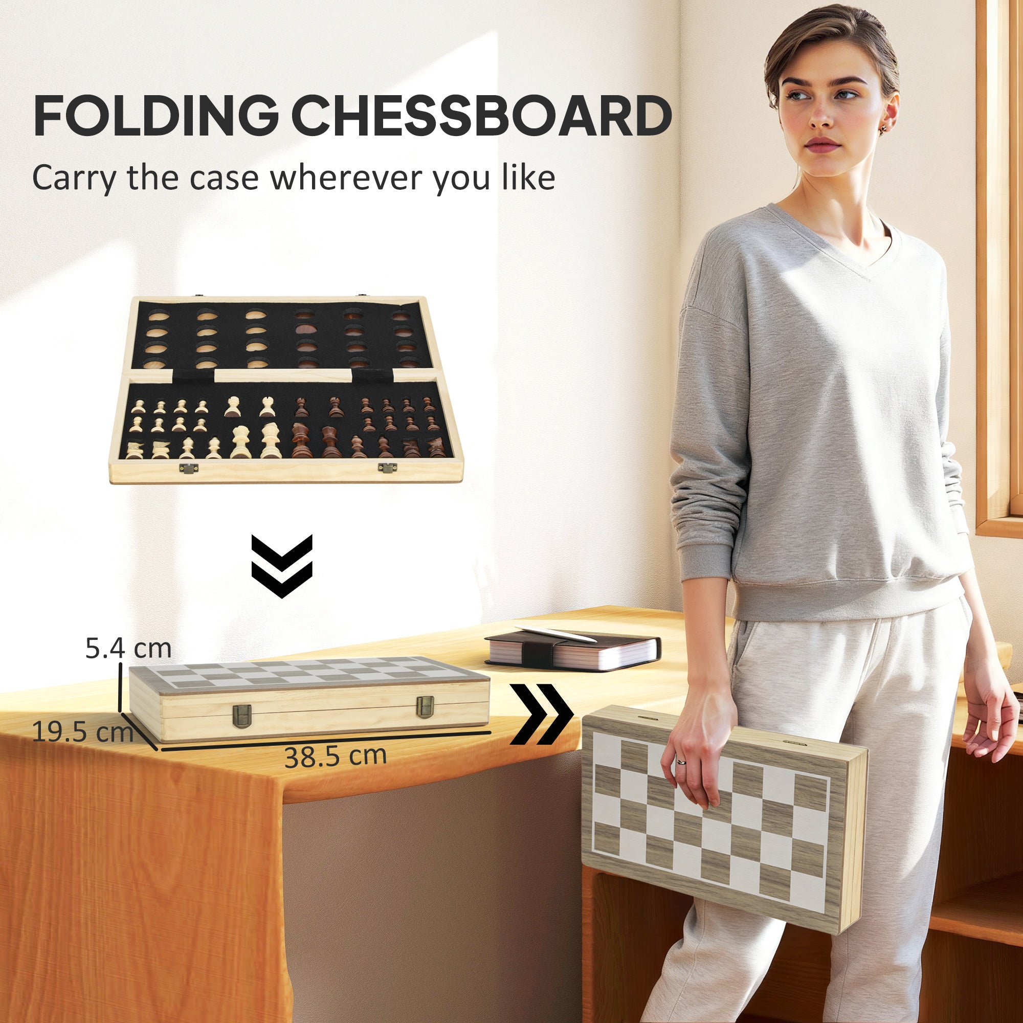 SPORTNOW 15 Inch Chess Set, Foldable Chess and Draughts Set, Brown 