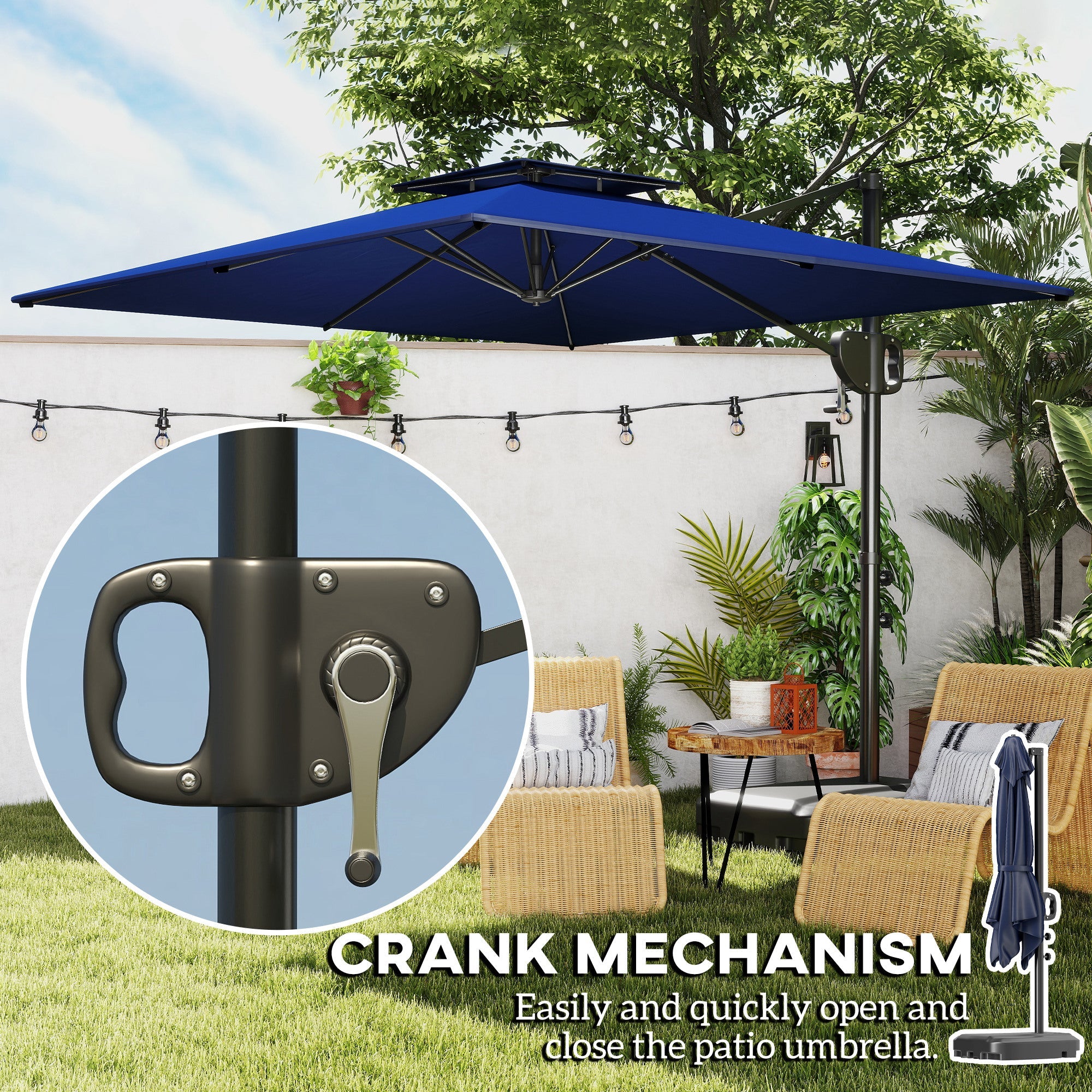 Outsunny Cantilever Parasol with Weighted Base Double Top Garden Parasol Square Hanging Patio Umbrella with Crank Tilt Dark Blue 