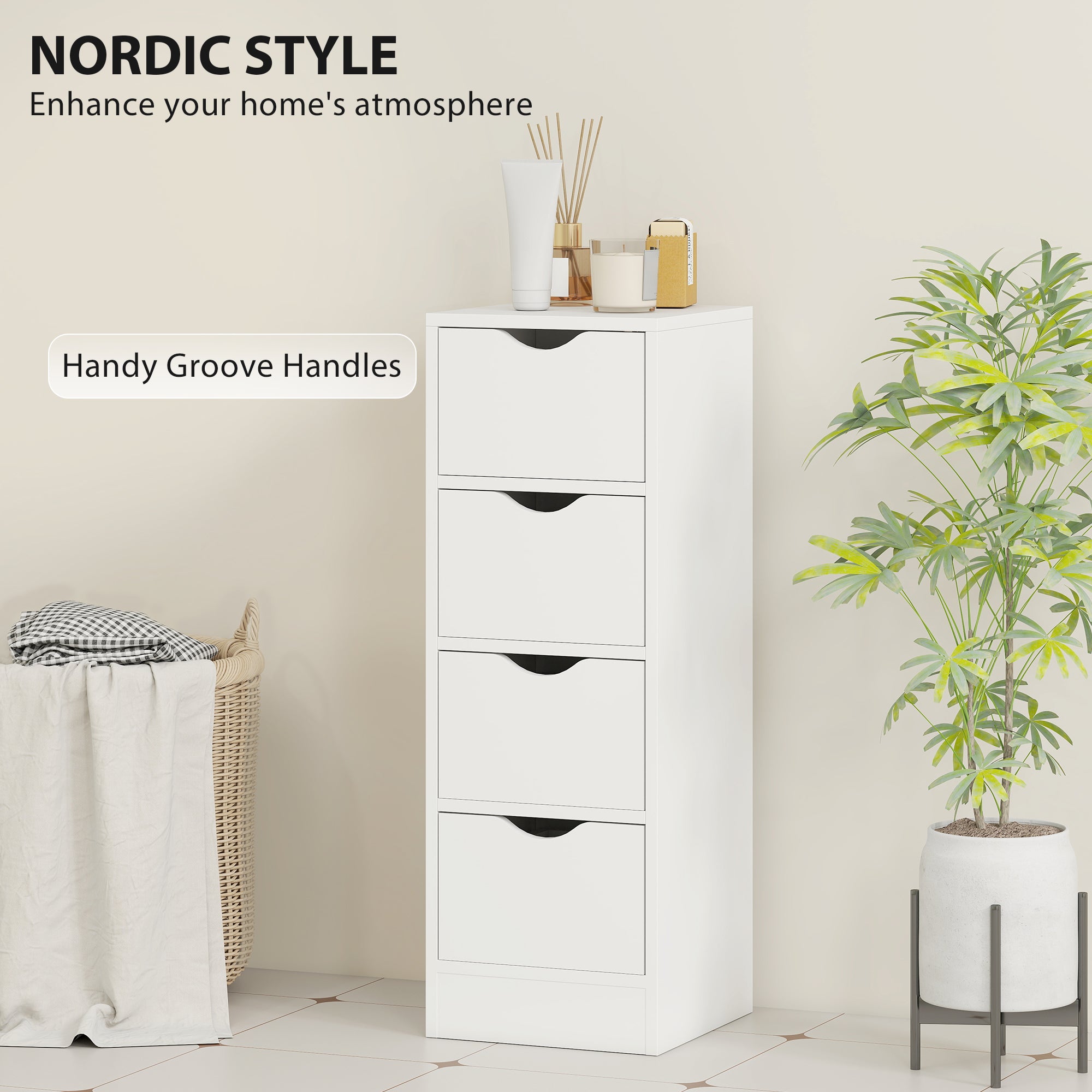 HOMCOM 4-Drawer Bathroom Cabinet, Freestanding Narrow Storage Cabinet with Groove Handles for Small Spaces, White 