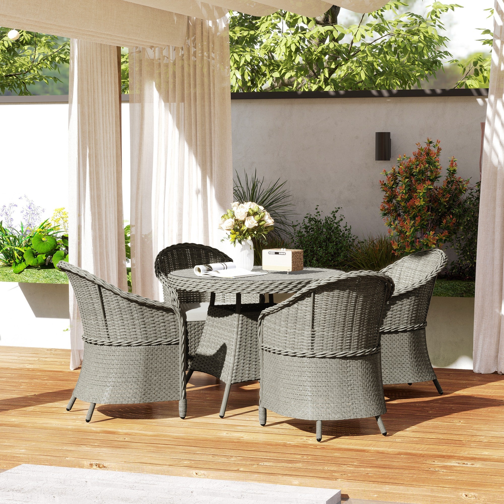 Outsunny 4 Seater Rattan Garden Furniture Set with Cushions, Round PE Rattan Dining Set with Glass-Top Table, Umbrella Hole, Outdoor Garden Table and Chairs, Grey 