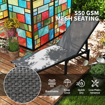 Outsunny Sun Lounger for Garden, 5-Level Adjustable Reclining Sun Lounger Chair, Flat Garden Lounger Sunbed with Texteline Seat, Steel Frame for Patio, Beach, Grey 