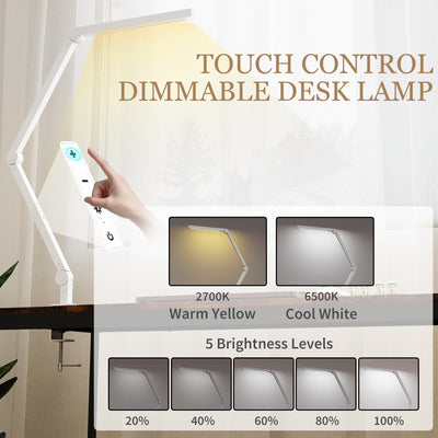 HOMCOM LED Desk Lamp, Dimmable Desk Light with Swing Arm and Clamp, Adjustable Eye-Caring Table Lamp with 2 Colour Modes & 5 Brightness Levels for Study, Drawing, Office, Architect, Task, White 