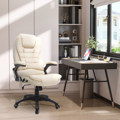 HOMCOM Executive Office Chair with Massage and Heat, High Back PU Leather Massage Office Chair with Adjustable Height, Beige 