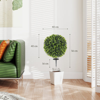 HOMCOM Set of 2 40 cm Artificial Boxwood Topiary Ball Bush with Integrated Ground Stake, Indoor Outdoor UV Resistant Faux Greenery, Faux Plants for Garden, Porch, Balcony 