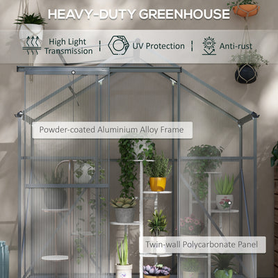 Outsunny 6 x 2.5ft Polycarbonate Greenhouse Walk-In Green House with Rain Gutter, Sliding Door, Window, Foundation, Dark Grey 